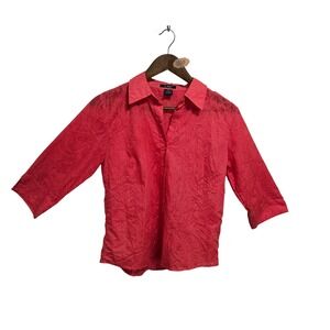 CB Casual Petite Coral Pink Crinkle Paisley Button Down Shirt 3/4 Sleeve PS
